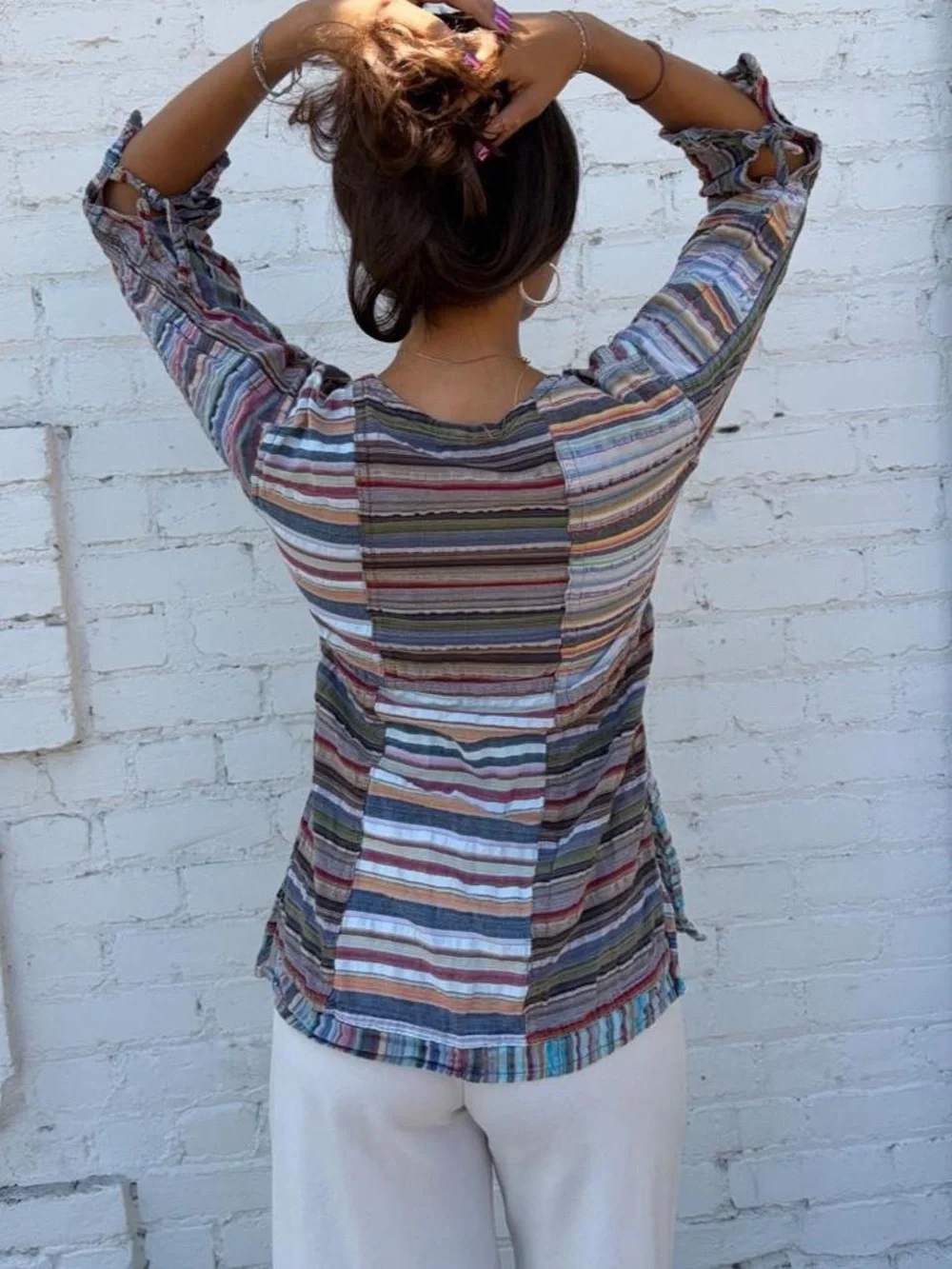 Vtg boho Y2K striped tunic top ✨ colorful woven details, tie sleeves & embroider